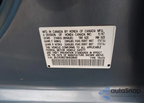 2008 Honda Ridgeline Rtl z USA, uszkodzony, nr VIN 2HJYK16578H521645